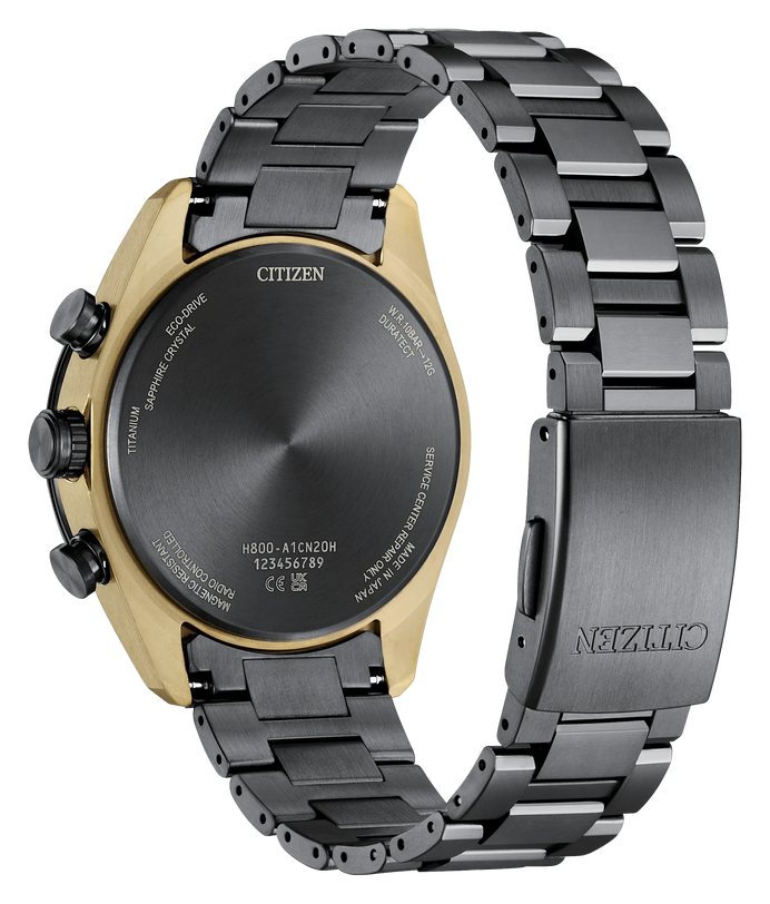 Citizen Attesa H800 42mm watch with gold-tone titanium case, black dial, and black titanium bracelet, shown front and back vi