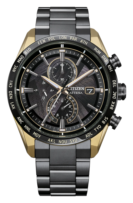 Citizen Attesa H800 chronograph watch with black dial, gold and gunmetal titanium case, and two-tone bracelet.