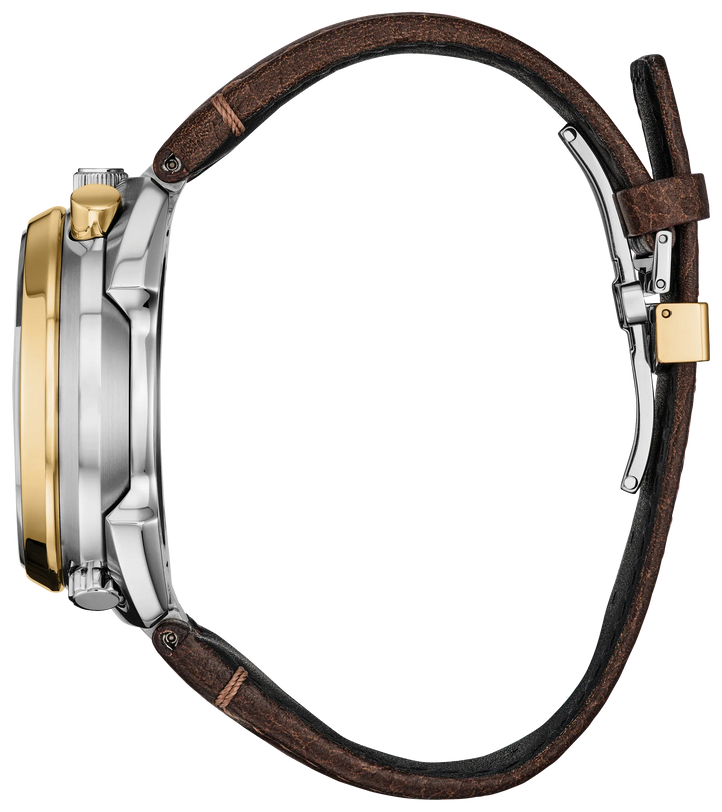 Promaster Tsuno Chrono Racer with two-tone stainless steel case, gold bezel, and brown leather strap.