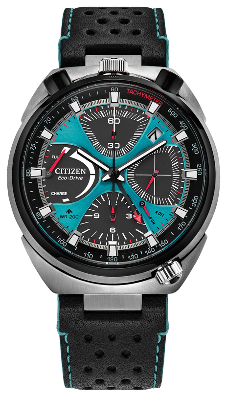 Citizen Promaster Tsuno chronograph watch with turquoise subdials, black dial, tachymeter bezel, and perforated black leather