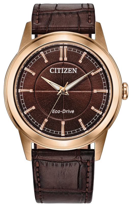 Citizen Eco-Drive watch with rose gold case, dark brown dial, and brown leather strap.