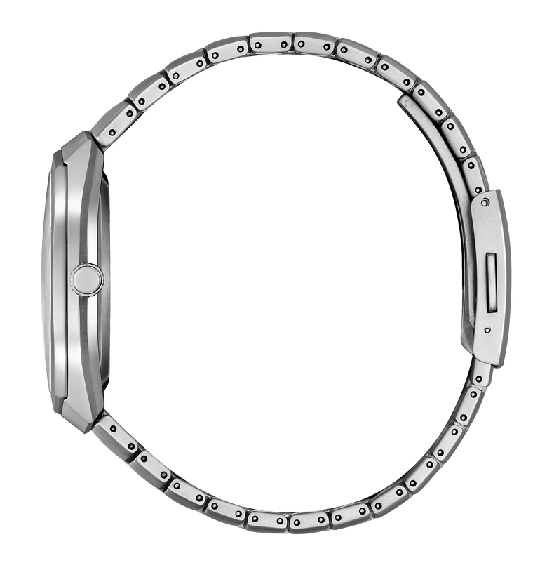 Silver titanium watch with thin round case, black dial, and segmented metal bracelet with screw details.