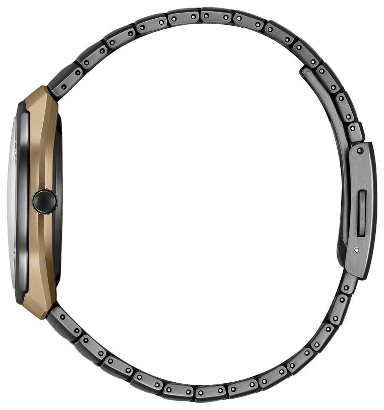 Black and tan titanium watch with segmented band, 39mm round case, and single crown button on left side.