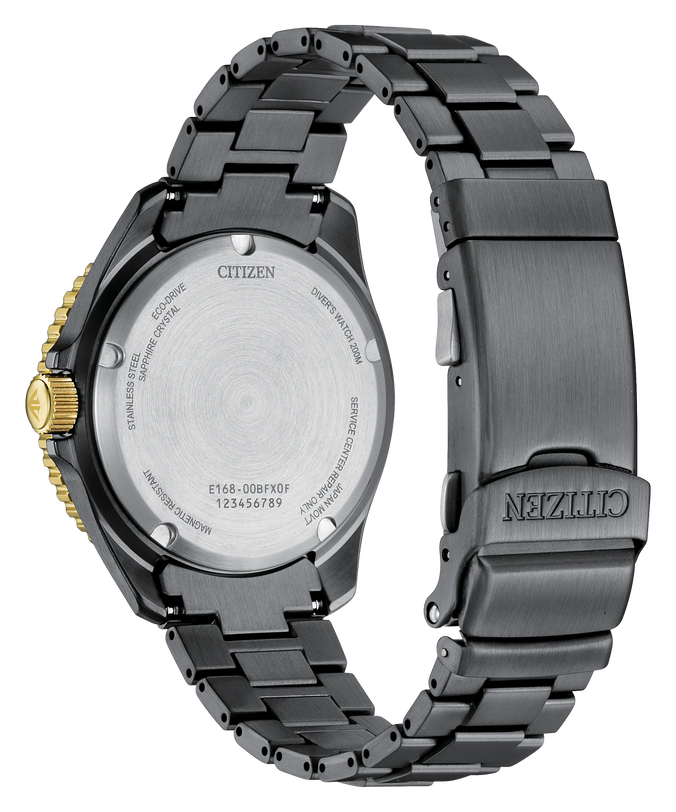 Citizen Promaster Dive Light watch with gray stainless steel case and bracelet, gold-tone bezel, shown from back and side ang