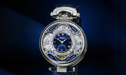 A Bovet Dimier watch with the text Perpetual Calendar and Swiss Handcrafted, over a velvety blue background