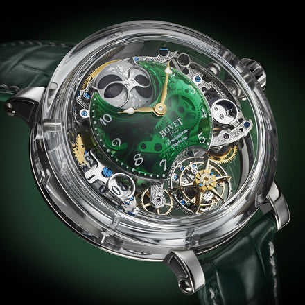 A luxury Bovet watch with intricate exposed gears and a green face, set against a dark green background.