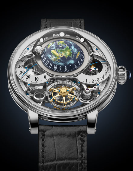 Luxury watch with a rotating globe, exposed gears, and a black leather strap against a dark background.