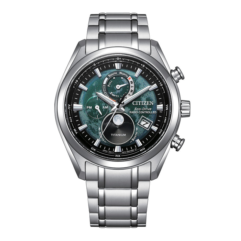 Silver Citizen watch with a detailed face on a white background