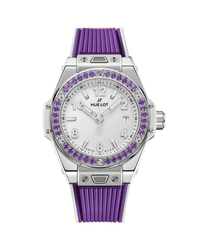 Watch with purple strap and bezel on a green background