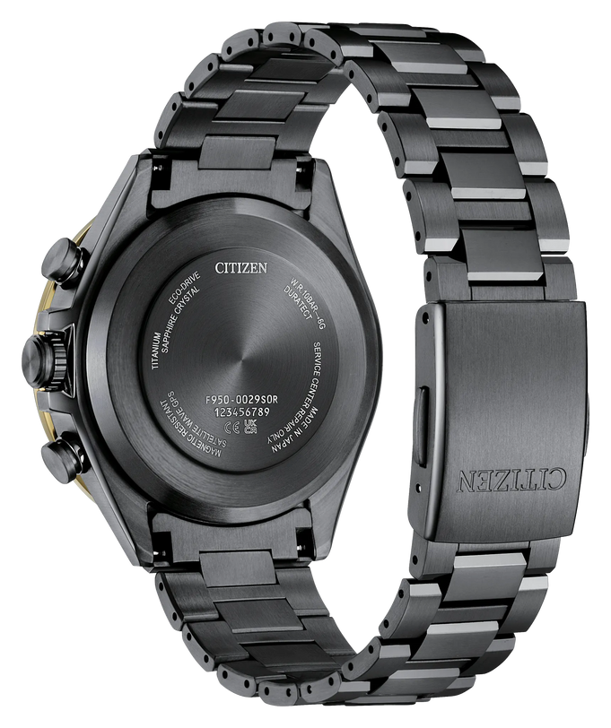 Black titanium chronograph watch with segmented bracelet, shown from front and back views displaying dial and case back.