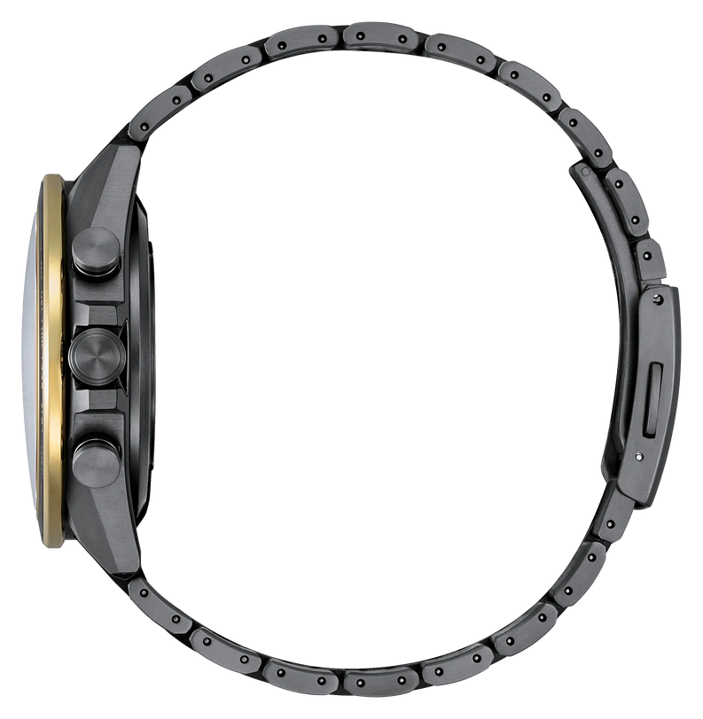 Black titanium chronograph watch with gold bezel, three subdials, and segmented bracelet band shown from side angle.