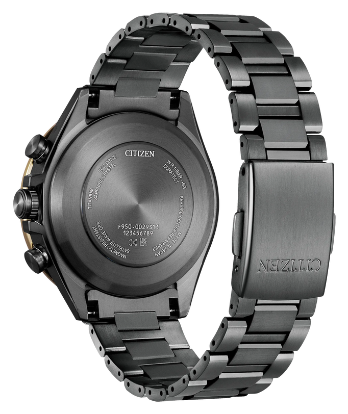 Citizen Attesa 44mm titanium watch with dark gray dial, three subdials, and matching titanium link bracelet shown from back a