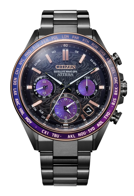Citizen Attesa titanium watch with dark dial, purple subdials, rose gold indices, purple bezel, and matching bracelet.