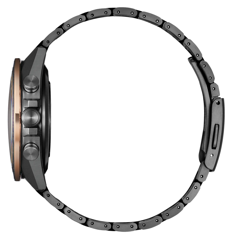 Attesa 44mm titanium chronograph watch with purple dial, dark gray bracelet, and three subdials on the case side.