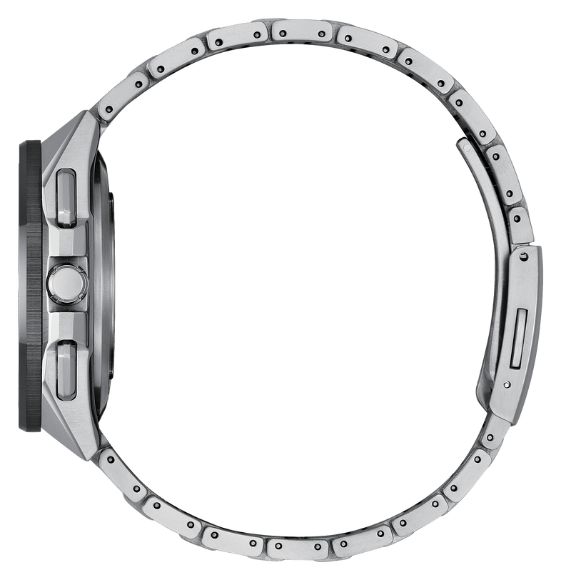 Gray titanium watch with segmented bracelet, round dial, and three pushers on the side case.