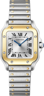 The Santos De Cartier Watch by Cartier features a silver case, gold bezel, Roman numerals, blue hands, and a metal link band.