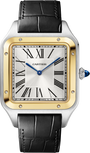 The Cartier Santos Dumont Watch features a black leather strap, square face with Roman numerals, and a gold bezel.