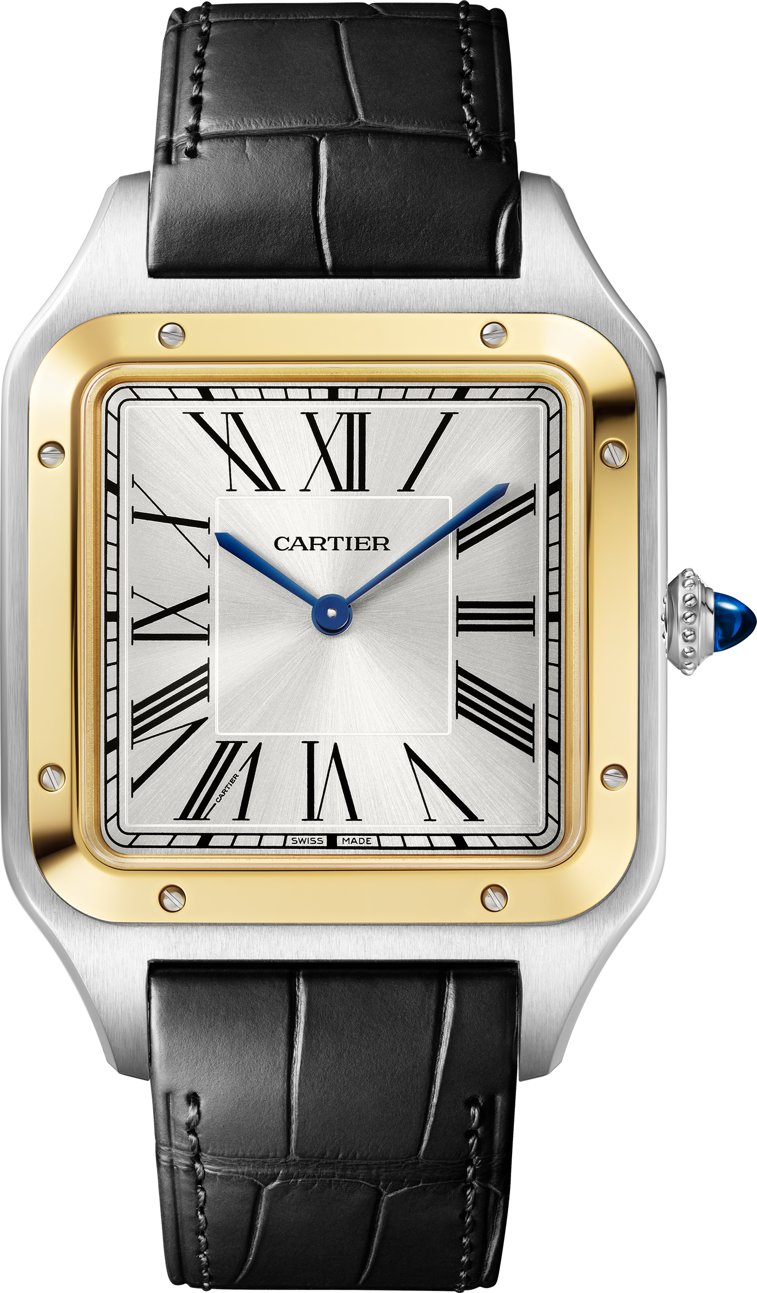 The Cartier Santos Dumont Watch features a black leather strap, square face with Roman numerals, and a gold bezel.