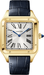 Cartier Santos Dumont watch featuring a square face, Roman numerals, and a black leather strap.