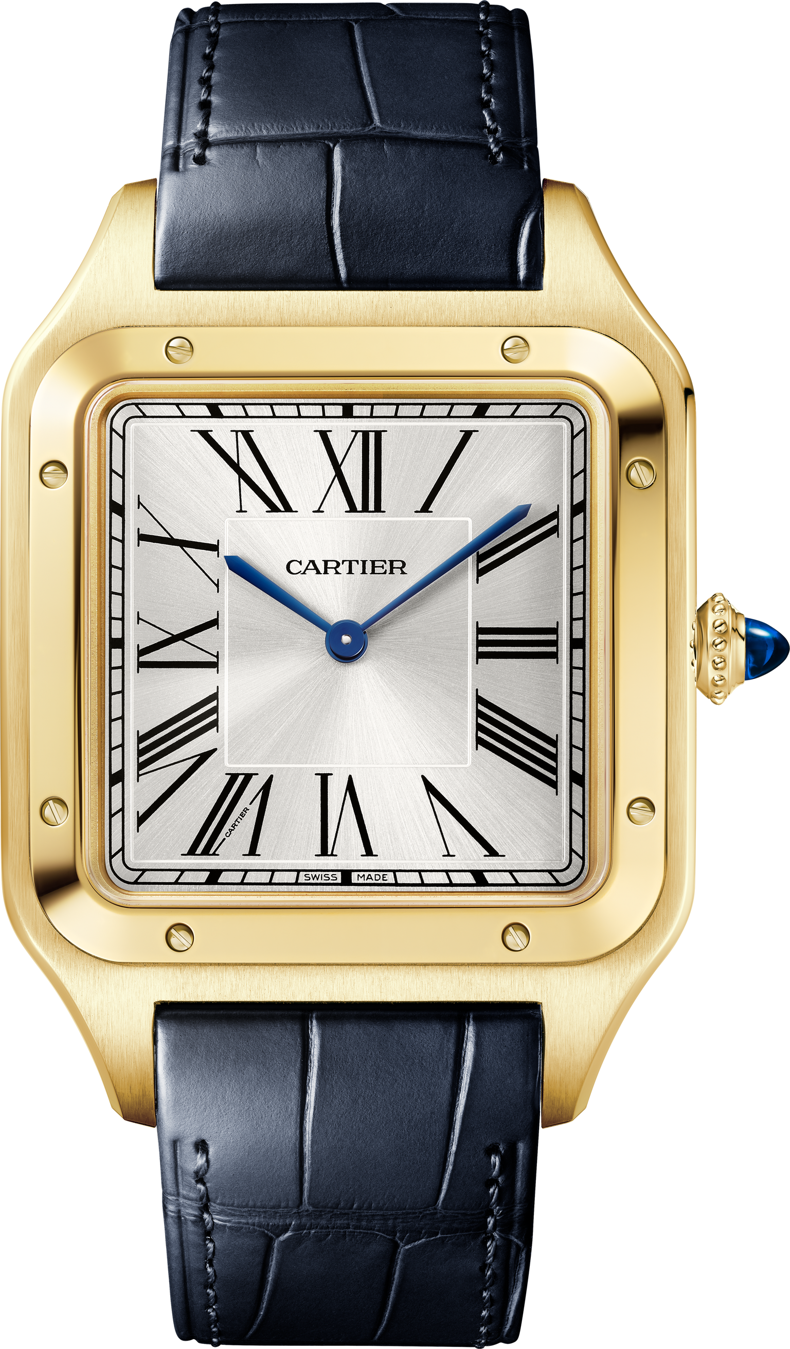 Cartier Santos Dumont watch featuring a square face, Roman numerals, and a black leather strap.