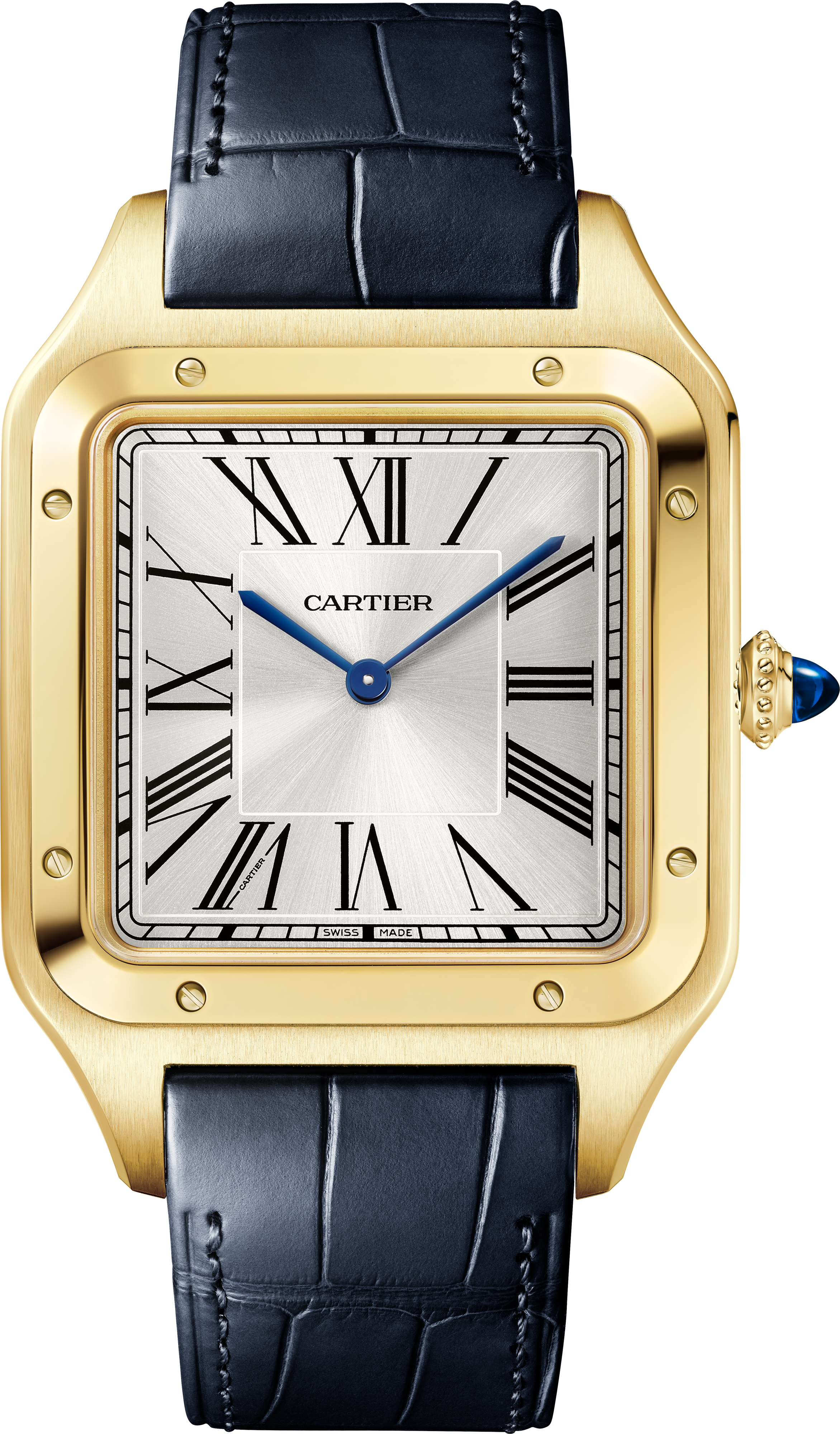 Cartier Santos Dumont watch featuring a square face, Roman numerals, and a black leather strap.