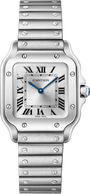 The Santos De Cartier by Cartier is a silver watch featuring Roman numerals, blue hands, and a metal bracelet.