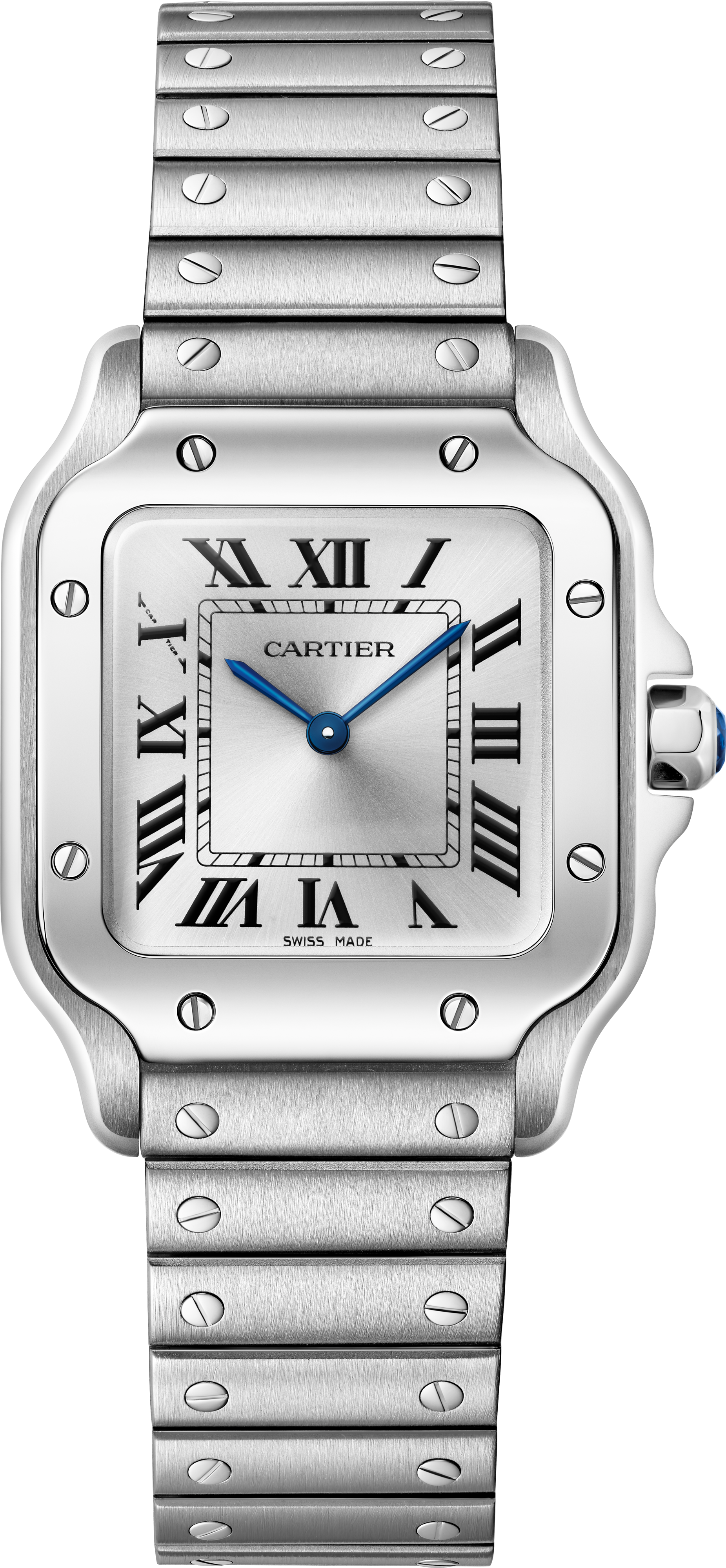 The Santos De Cartier by Cartier is a silver watch featuring Roman numerals, blue hands, and a metal bracelet.