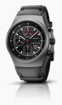 Porsche Design Chronograph 1 Utility Limited Edition watch features black leather, a dark dial with red accents, and displays time, date, and day.