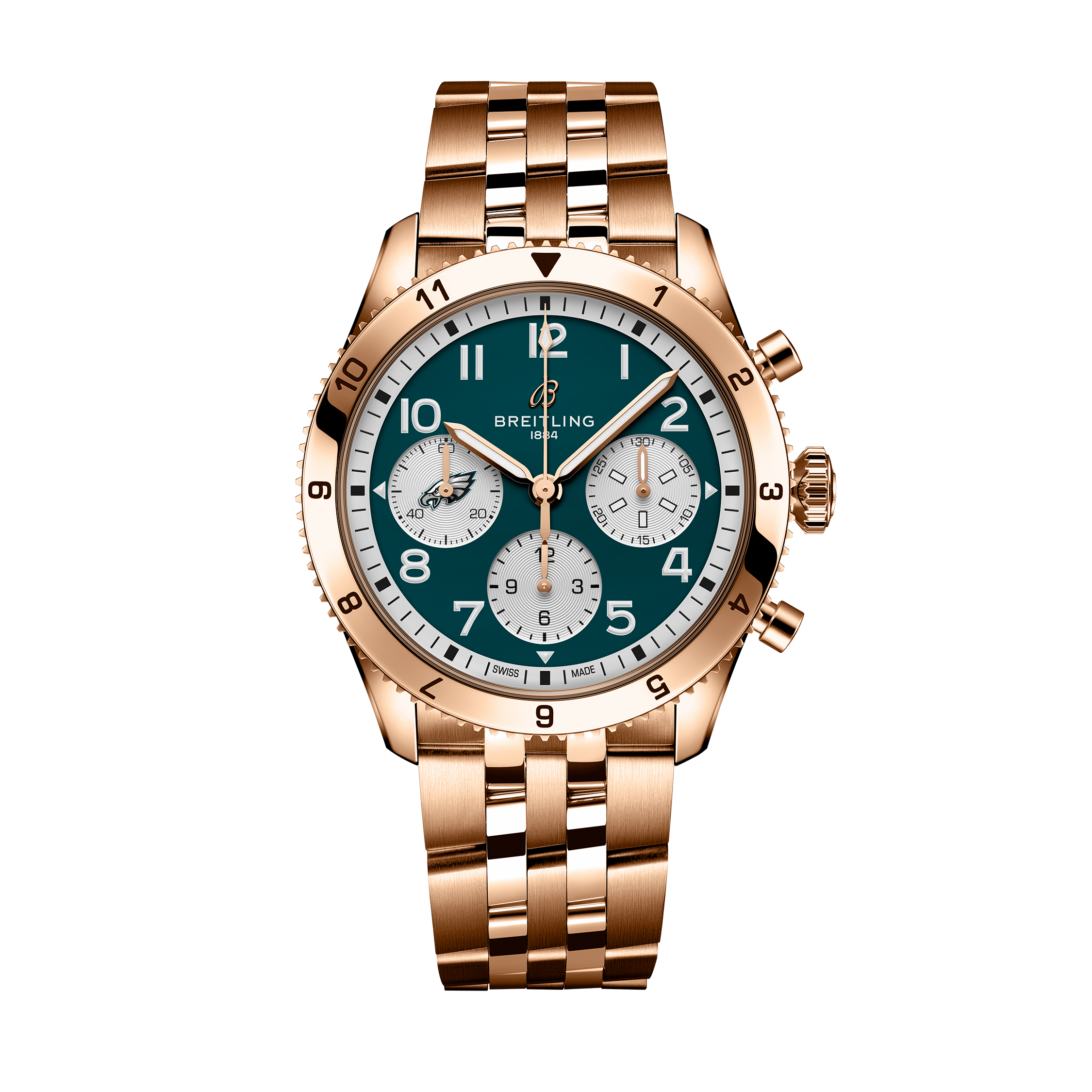 Breitling Classic Avi Chronograph 42 NFL Philadelphia Eagles Edition with a green dial, three subdials, and a metal link bracelet, shown on a black background.
