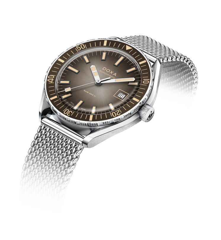 Wristwatch with gray dial and silver mesh band on a white background