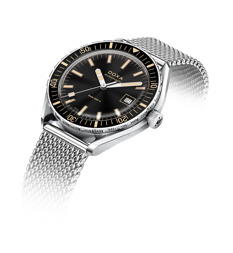DOXA watch with black dial and silver mesh band on a white background