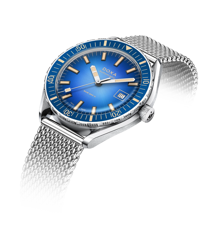 Wristwatch with blue dial and silver mesh band on a white background
