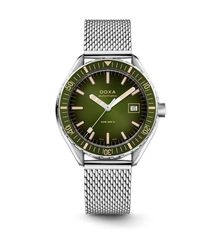 DOXA watch with green dial and silver mesh band on a white background