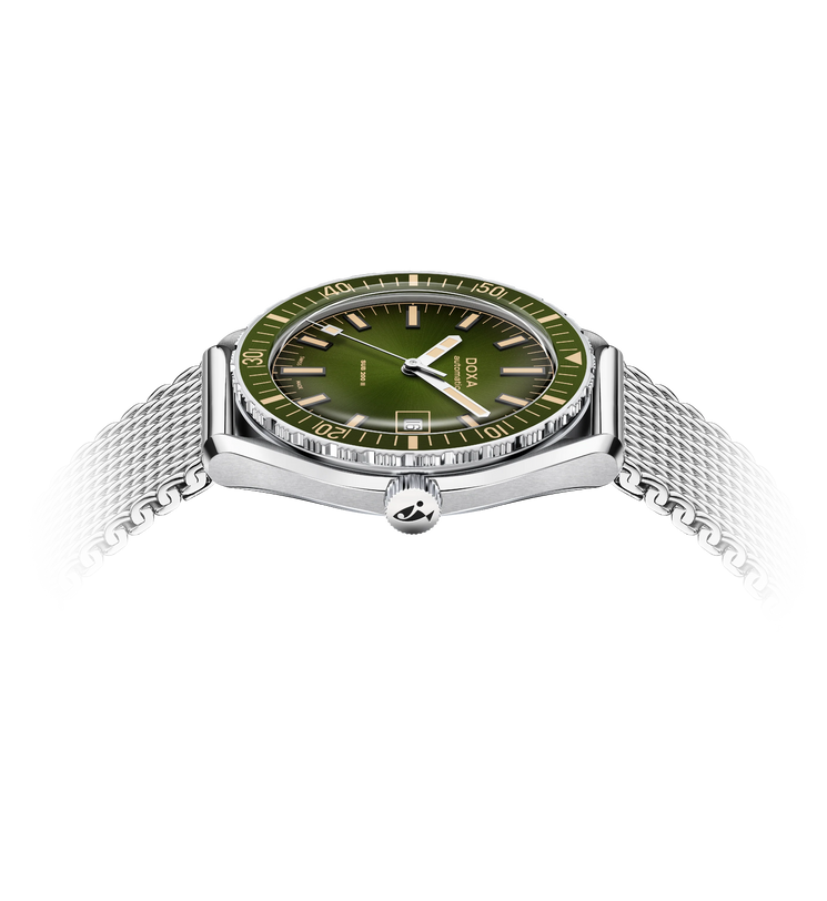 Watch with green face and silver mesh band on white background