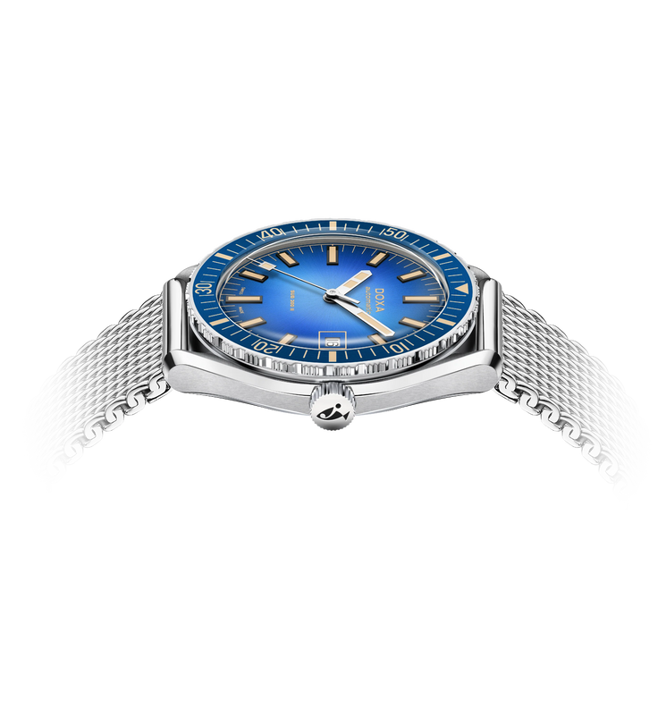 Watch with blue dial and silver mesh band on a white background