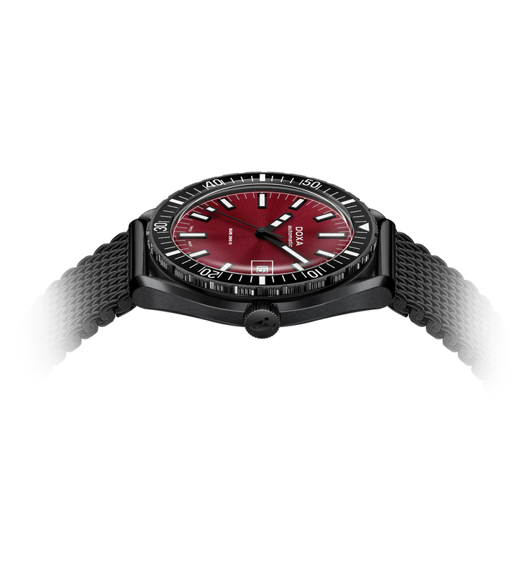 Watch with red face and black strap on white background