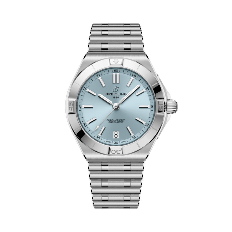 Stainless steel watch with light blue dial, applied hour markers, date window, and matching bracelet.