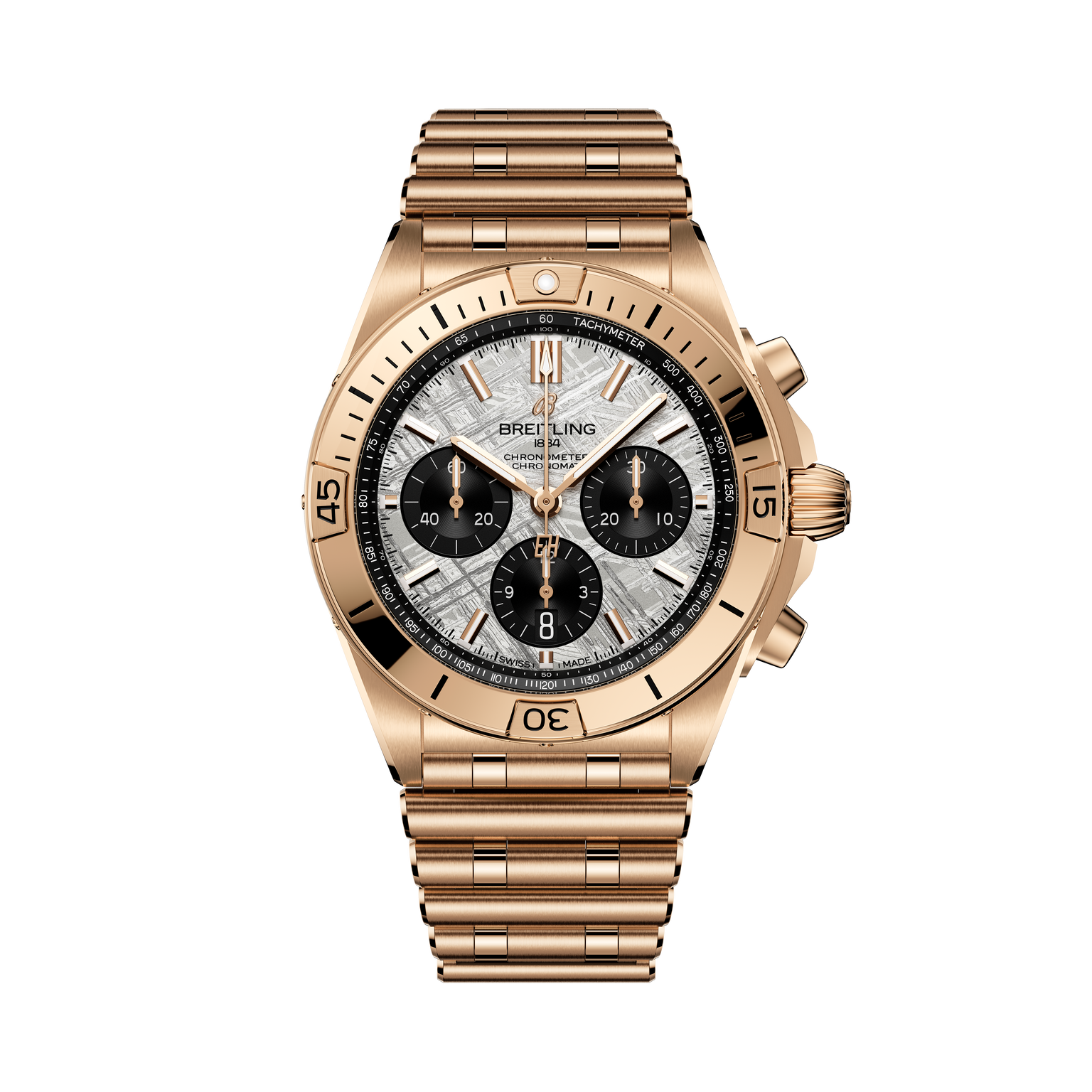A Breitling Chronomat B01 42 Erling Haaland chronograph in gold, featuring a silver dial with three black subdials, on a matching gold bracelet.