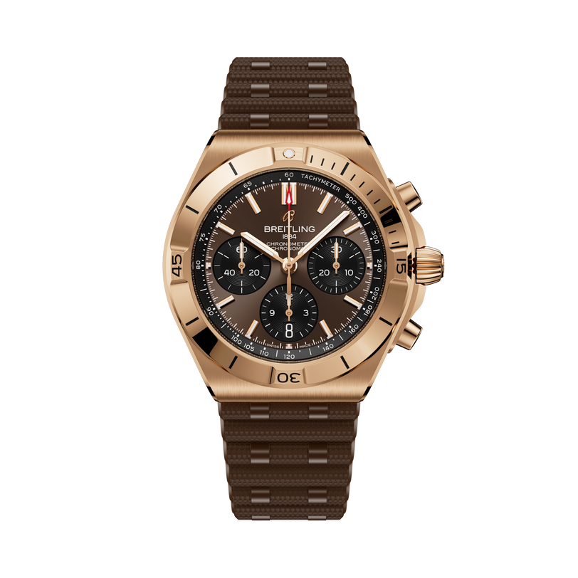 Rose gold chronograph watch with black dial, tachymeter bezel, and brown rubber strap.