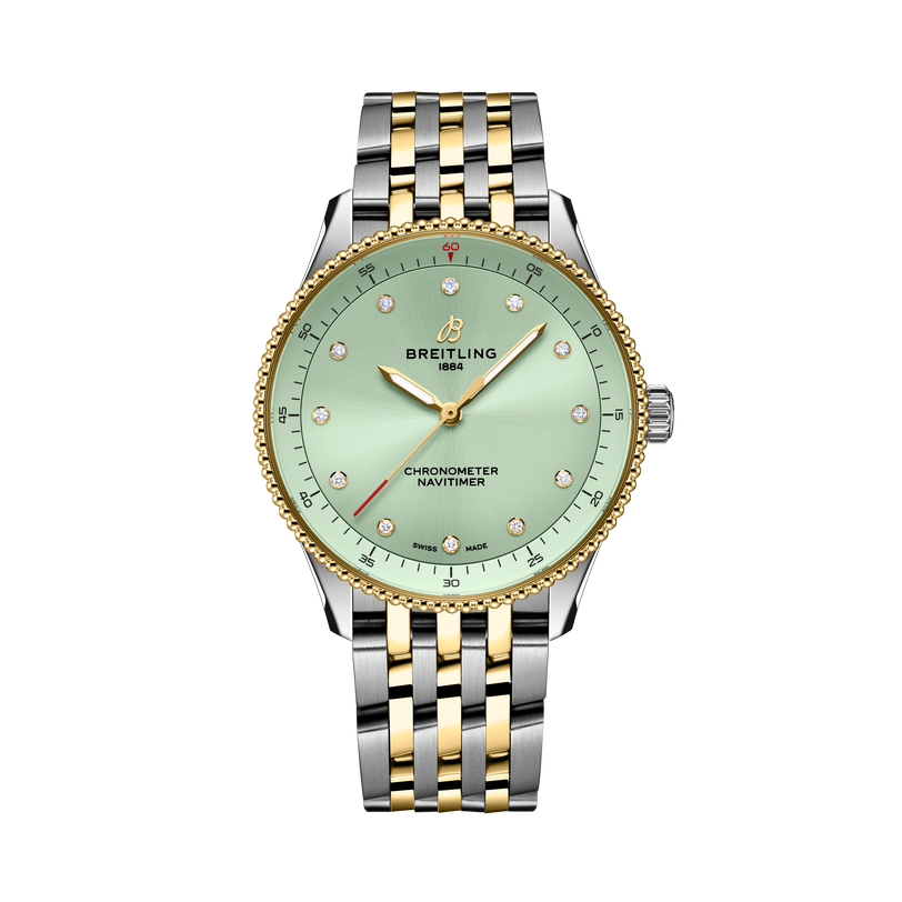 Breitling Navitimer ladies watch with mint green dial, diamond hour markers, two-tone stainless steel and yellow gold bracele