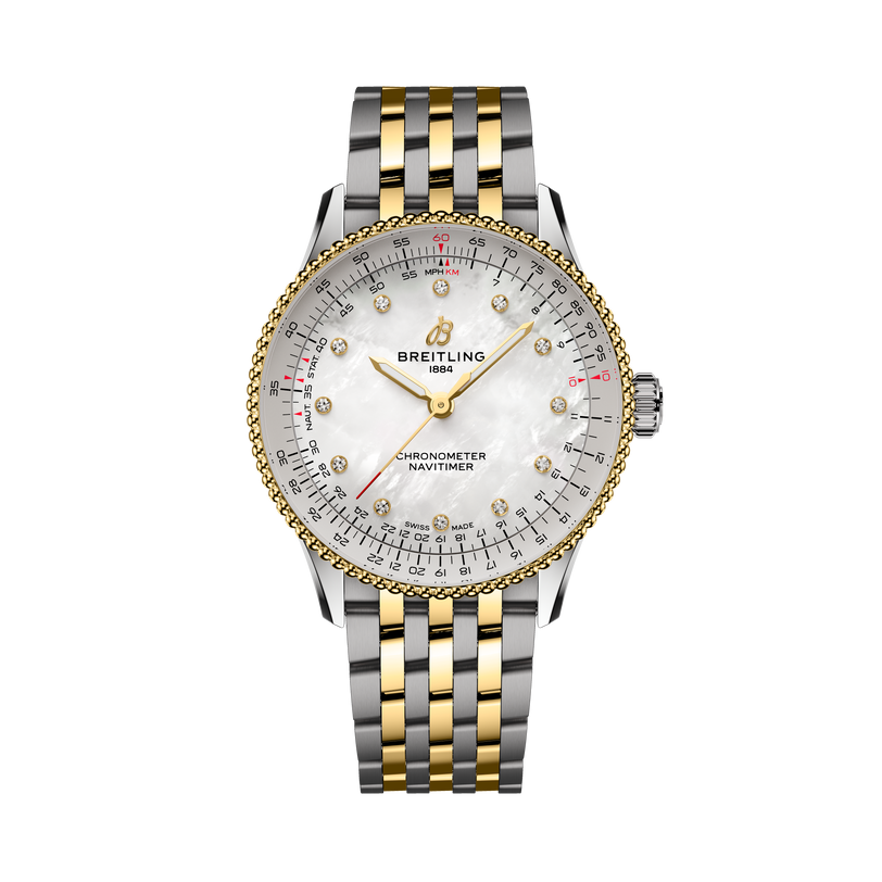 Breitling Navitimer 36 watch with white mother-of-pearl dial, gold-bezel, and two-tone steel and yellow gold bracelet.
