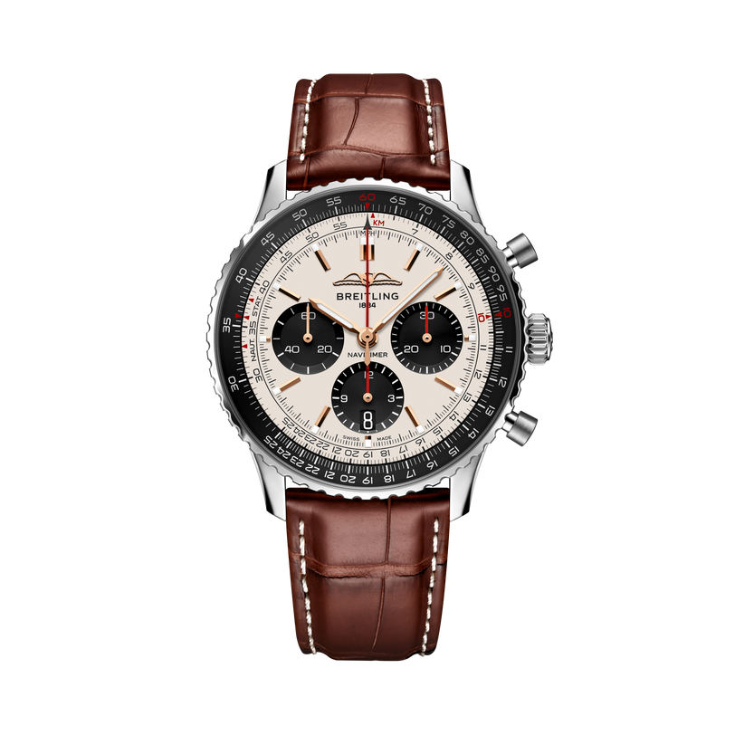 Breitling watch with brown leather strap on a white background