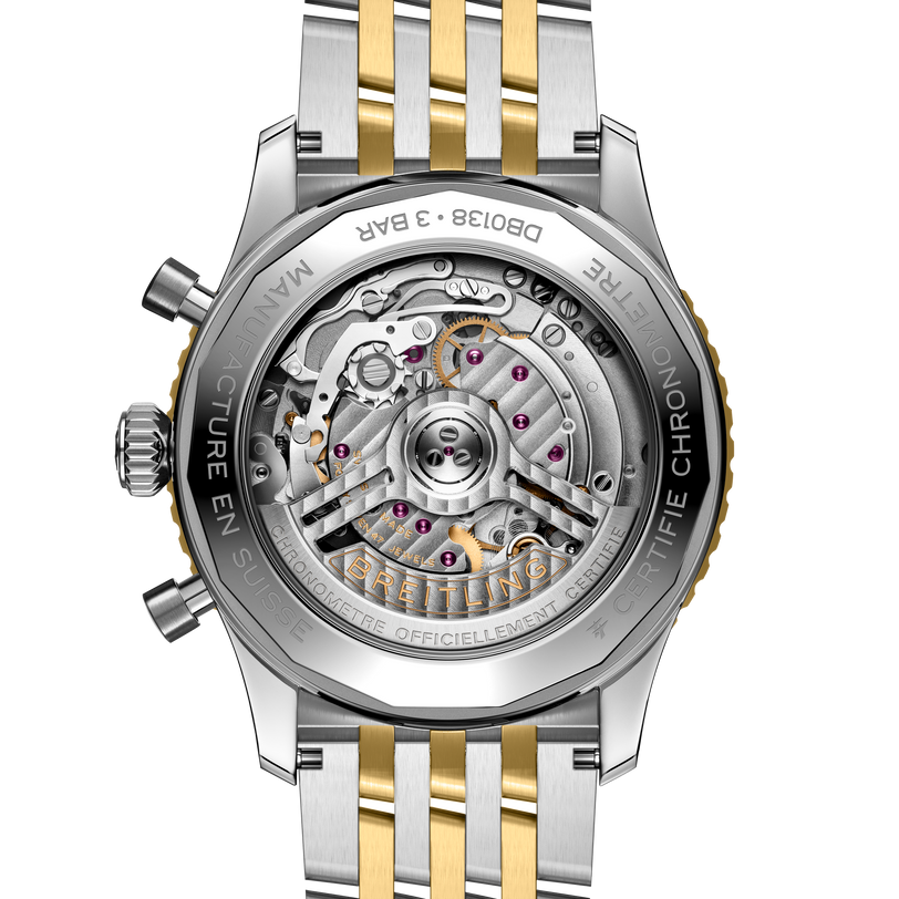 Navitimer B01 chronograph watch with stainless steel and yellow gold two-tone bracelet, visible skeleton movement on caseback