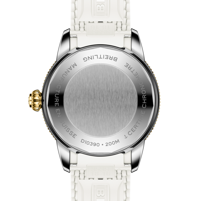 Superocean Heritage 36 watch with white sunray dial, stainless steel case, gold crown, and white rubber strap, shown from cas
