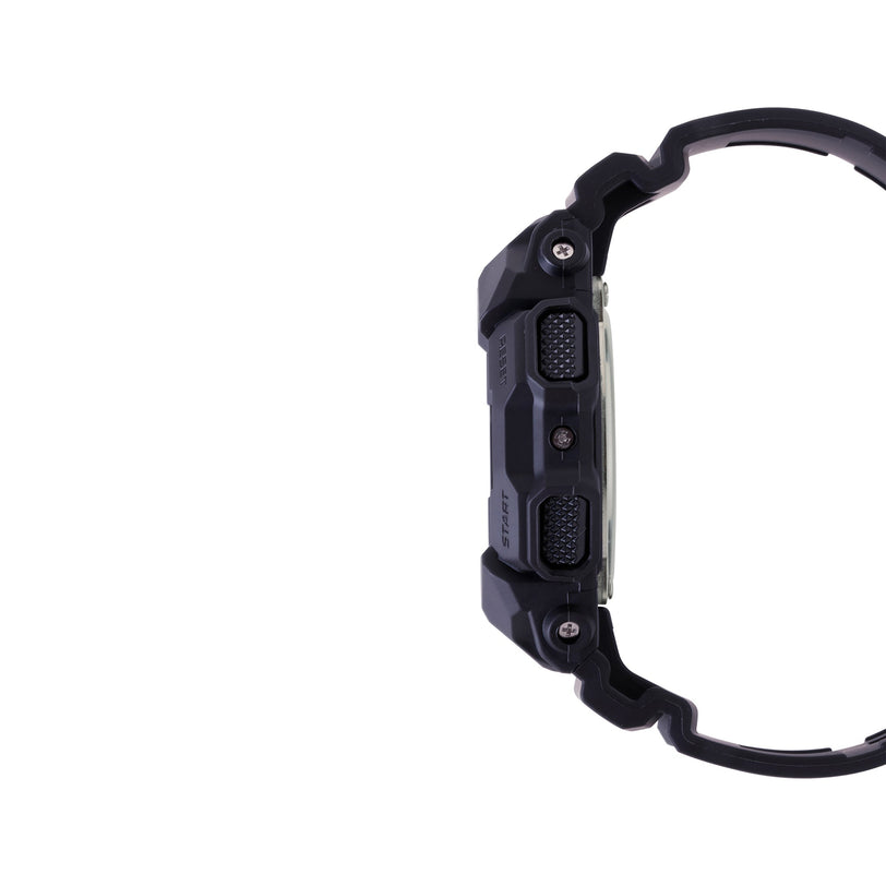 Black resin digital watch with textured buttons and curved band shown from side view.