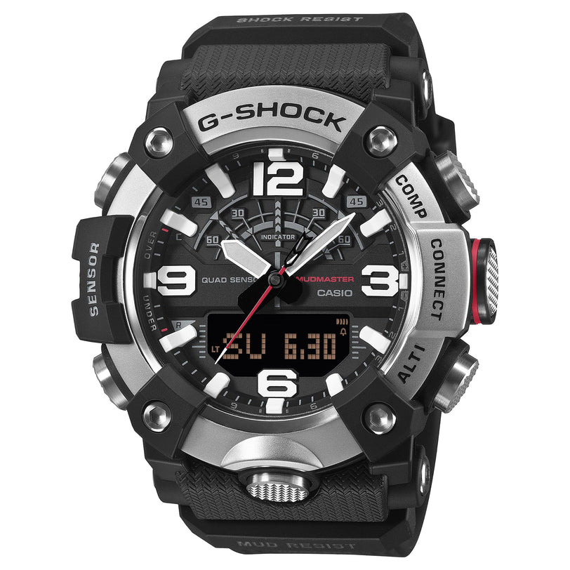 G-Shock Mudmaster watch with black resin band, analog dial with white numerals, digital display, and silver accents.