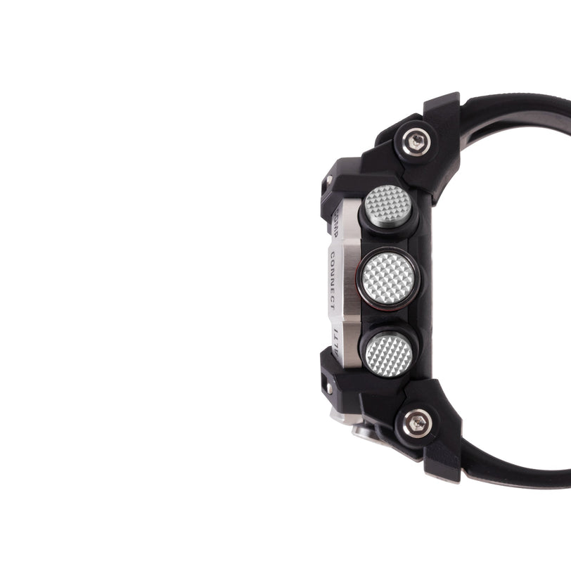 Digital watch with black resin case, silver chronograph subdials, and black band shown from the side.