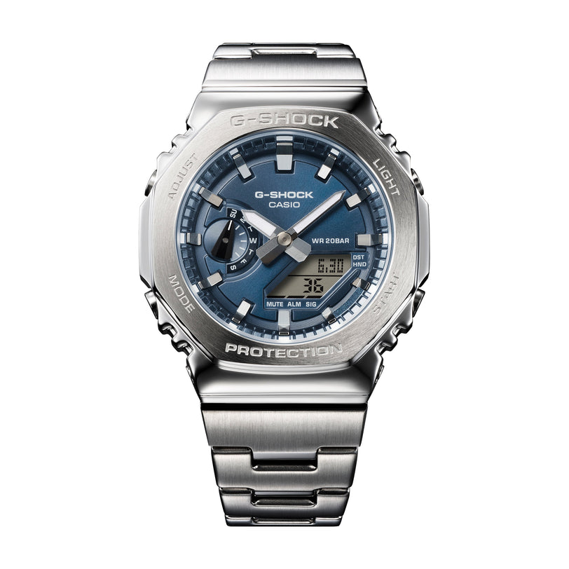 G-SHOCK GM-2110D-2B analog-digital watch with stainless steel case, blue dial, and metal band.