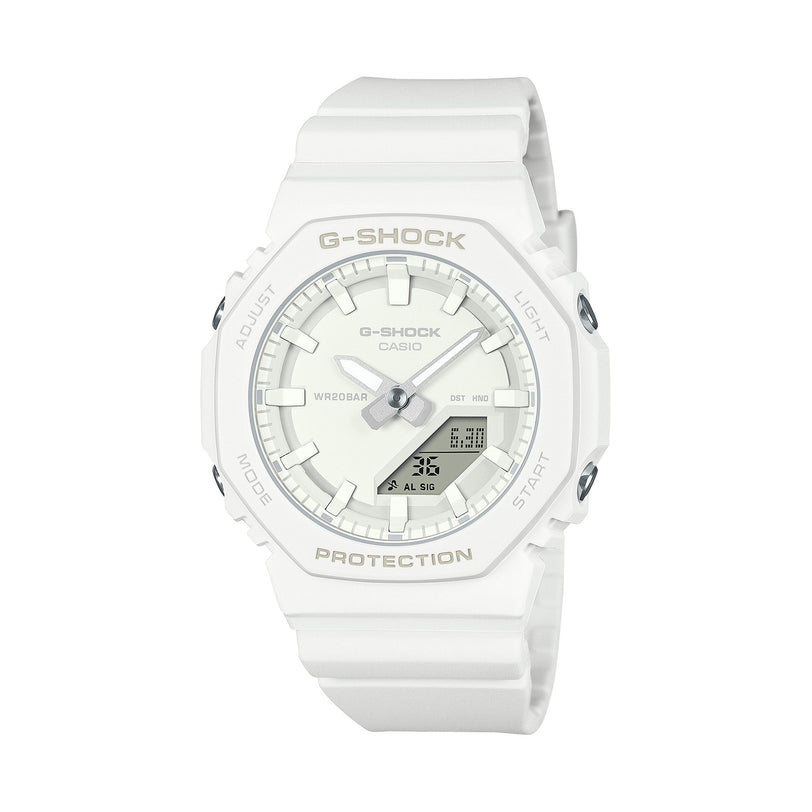 White G-Shock watch with analog and digital display, resin band, and octagonal case.