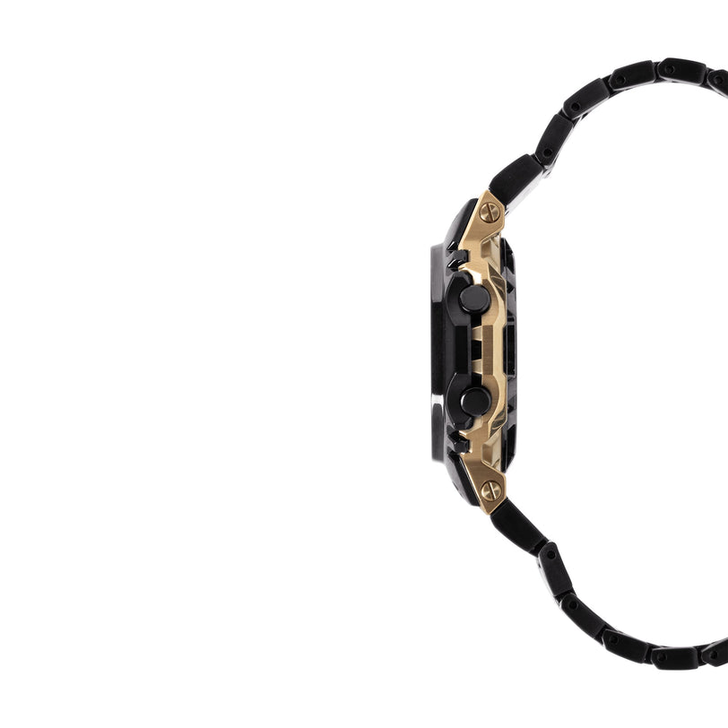 Black digital watch with gold-tone and black stainless steel case, black band with segmented links, and two black subdials on